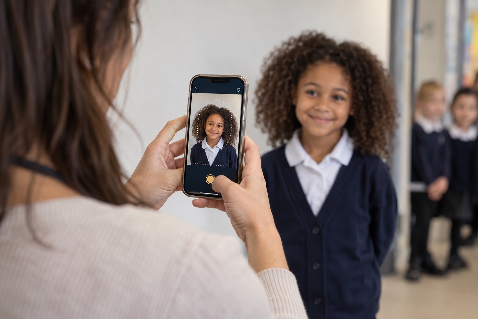 A teacher uses an iPhone to photograph a smiling student in a school hallway, with waiting classmates softly blurred in the background.